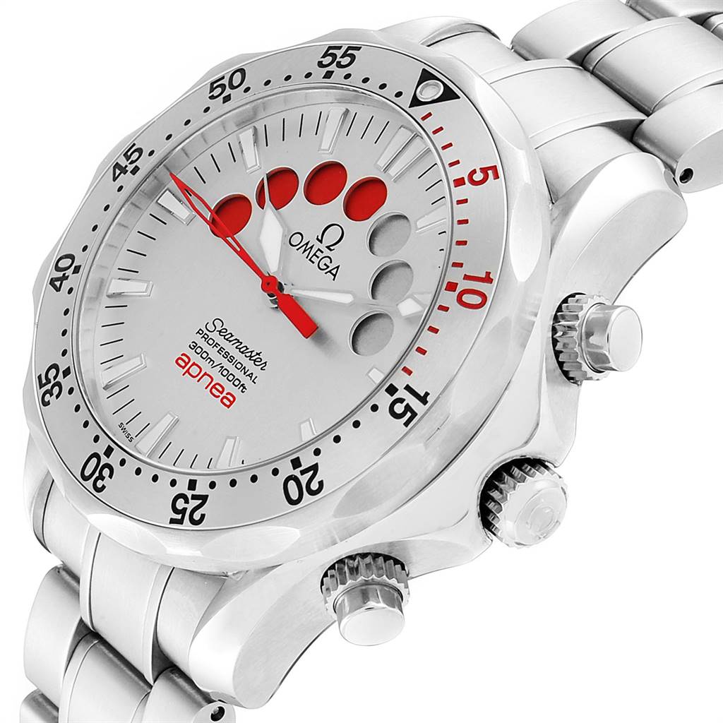 The image shows an Omega Seamaster 2595.30.00 Men
s Stainless Steel Silver Dial 2595.30.00 Men
s Stainless Steel Silver Dial watch at a three-quarter angle, highlighting the dial, bezel, crown, and pushers.