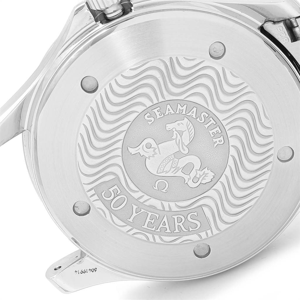 The image shows the case back of the Omega Seamaster 2234.50.00 Men
s Stainless Steel Black Dial 2234.50.00 Men
s Stainless Steel Black Dial watch, featuring a special "50 Years" engraving.