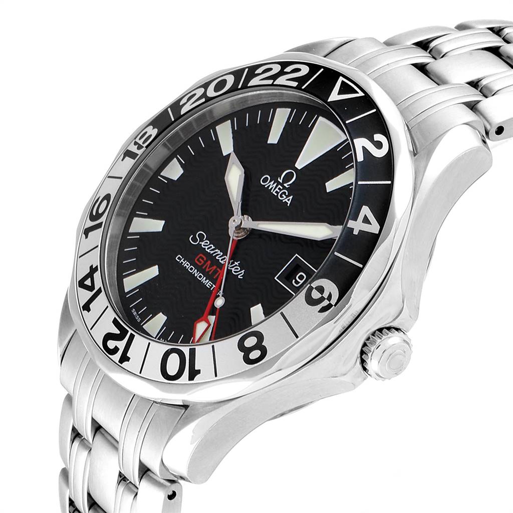 The image shows a side and front angle of the Omega Seamaster 2234.50.00 Men
s Stainless Steel Black Dial 2234.50.00 Men
s Stainless Steel Black Dial GMT watch, highlighting its bezel, dial, and bracelet.