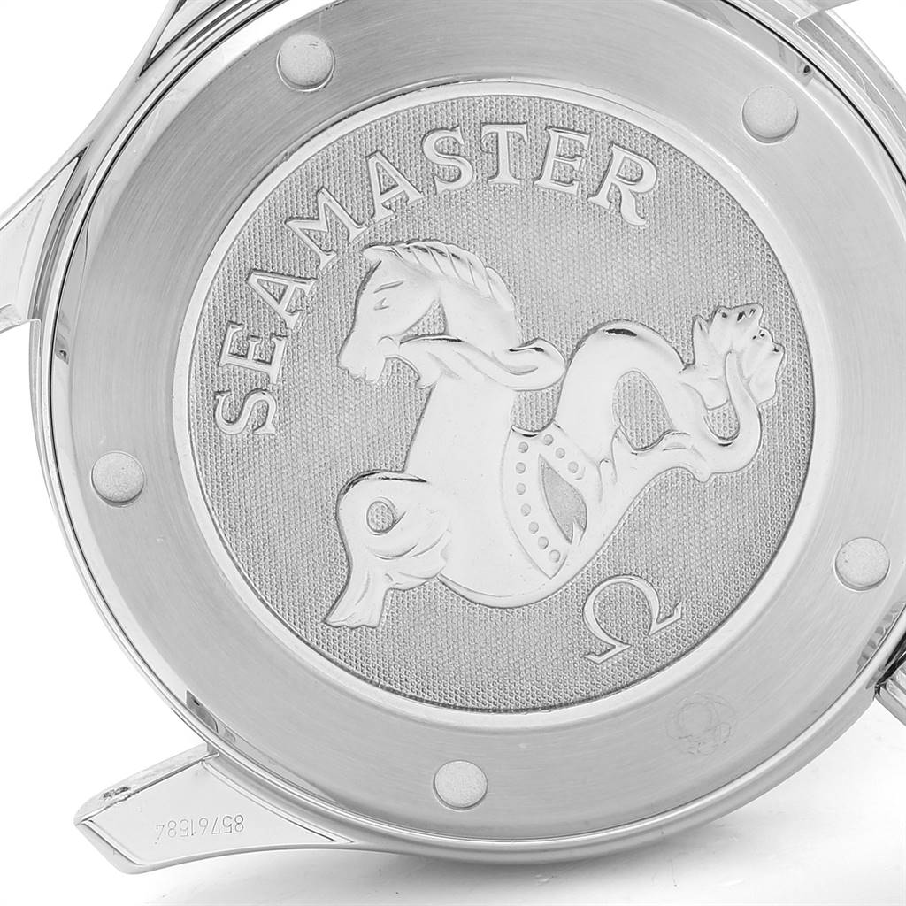 The image shows the case back of an Omega Seamaster 212.30.41.20.01.002 Men
s Stainless Steel Black Dial 212.30.41.20.01.002 Men
s Stainless Steel Black Dial watch with its distinctive Seahorse emblem and branding.