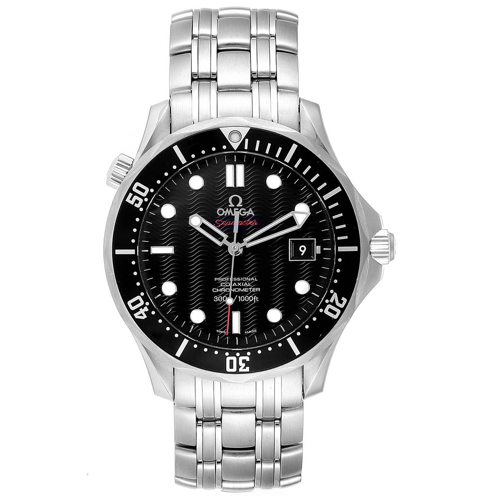 The Omega Seamaster 212.30.41.20.01.002 Men
s Stainless Steel Black Dial 212.30.41.20.01.002 Men
s Stainless Steel Black Dial watch is shown from a frontal angle, displaying its face, bezel, and bracelet.