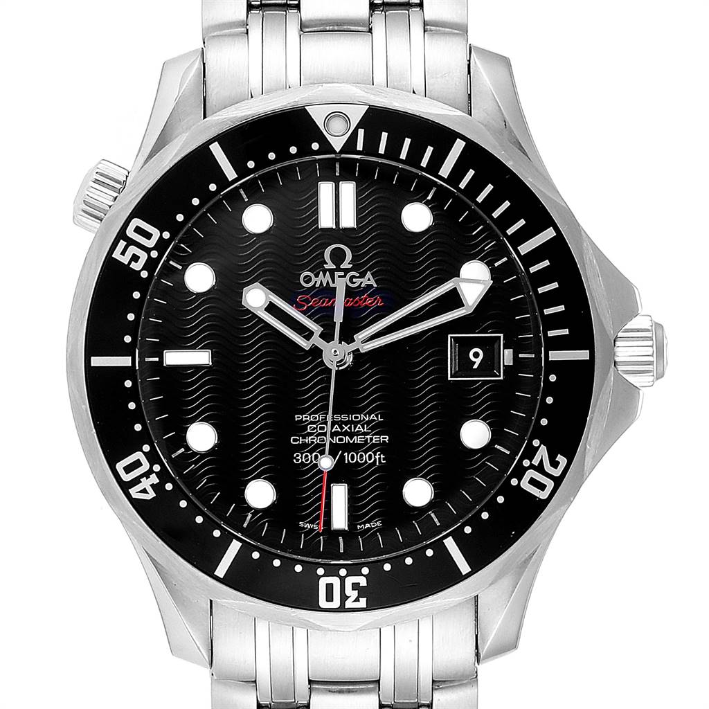 The image shows a front view of the Omega Seamaster 212.30.41.20.01.002 Men
s Stainless Steel Black Dial 212.30.41.20.01.002 Men
s Stainless Steel Black Dial watch, highlighting the dial, bezel, bracelet, and crown.