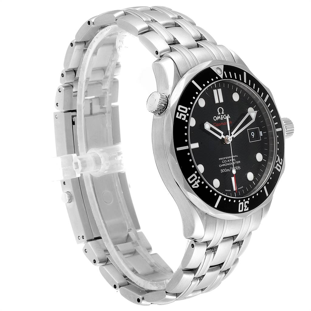 The Omega Seamaster 212.30.41.20.01.002 Men
s Stainless Steel Black Dial 212.30.41.20.01.002 Men
s Stainless Steel Black Dial watch is shown at an angle highlighting the face, bezel, and bracelet.
