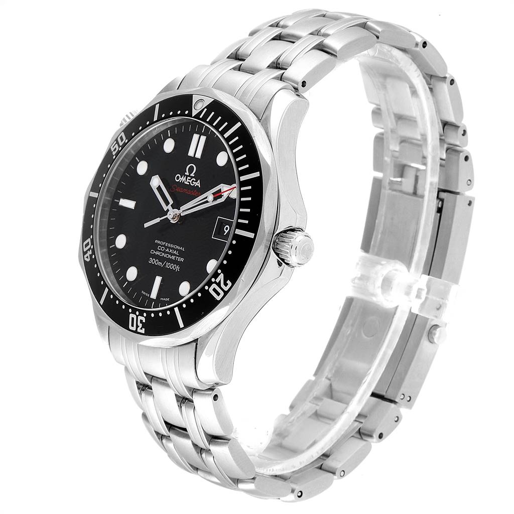 The image shows an Omega Seamaster 212.30.41.20.01.002 Men
s Stainless Steel Black Dial 212.30.41.20.01.002 Men
s Stainless Steel Black Dial watch from a front-side angle, highlighting the dial, bezel, and stainless steel bracelet.