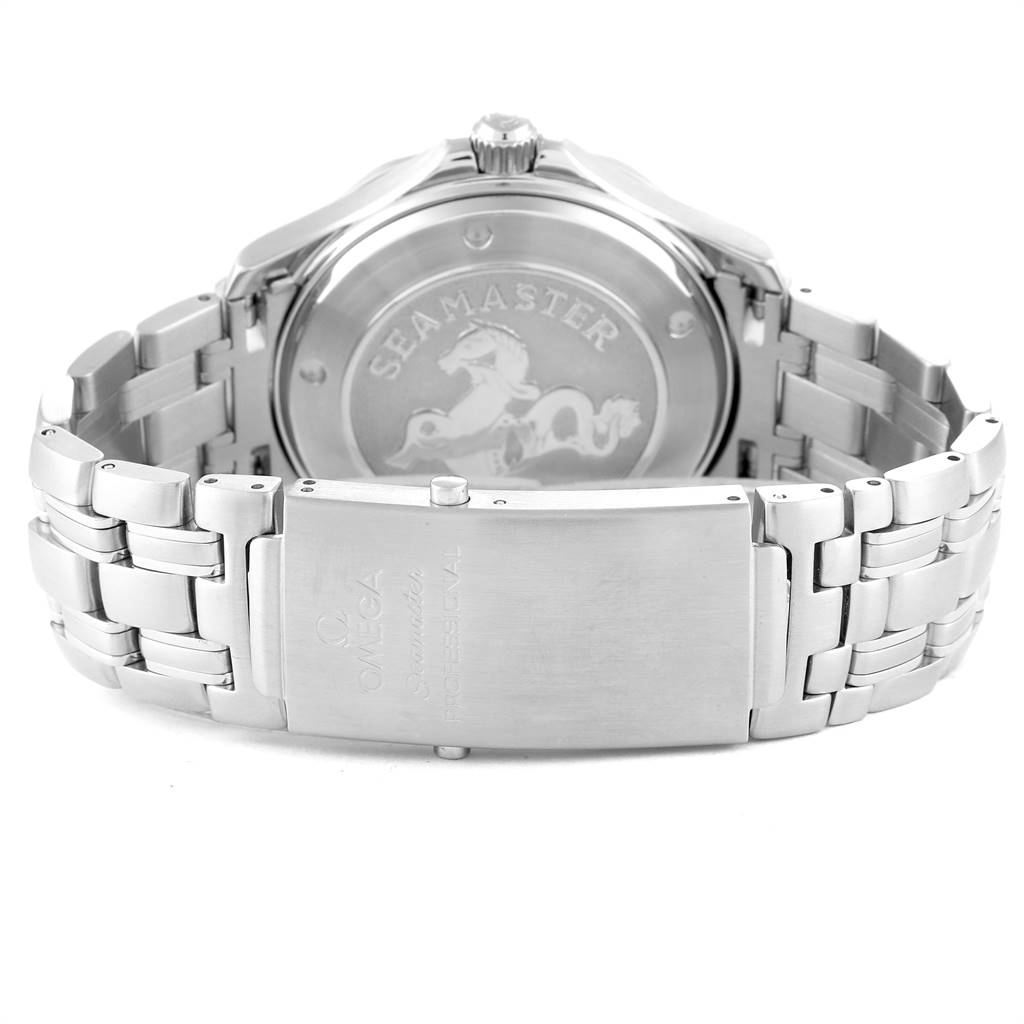 The image shows the back case and bracelet clasp of the Omega Seamaster 212.30.41.20.01.002 Men
s Stainless Steel Black Dial 212.30.41.20.01.002 Men
s Stainless Steel Black Dial watch from a rear angle.