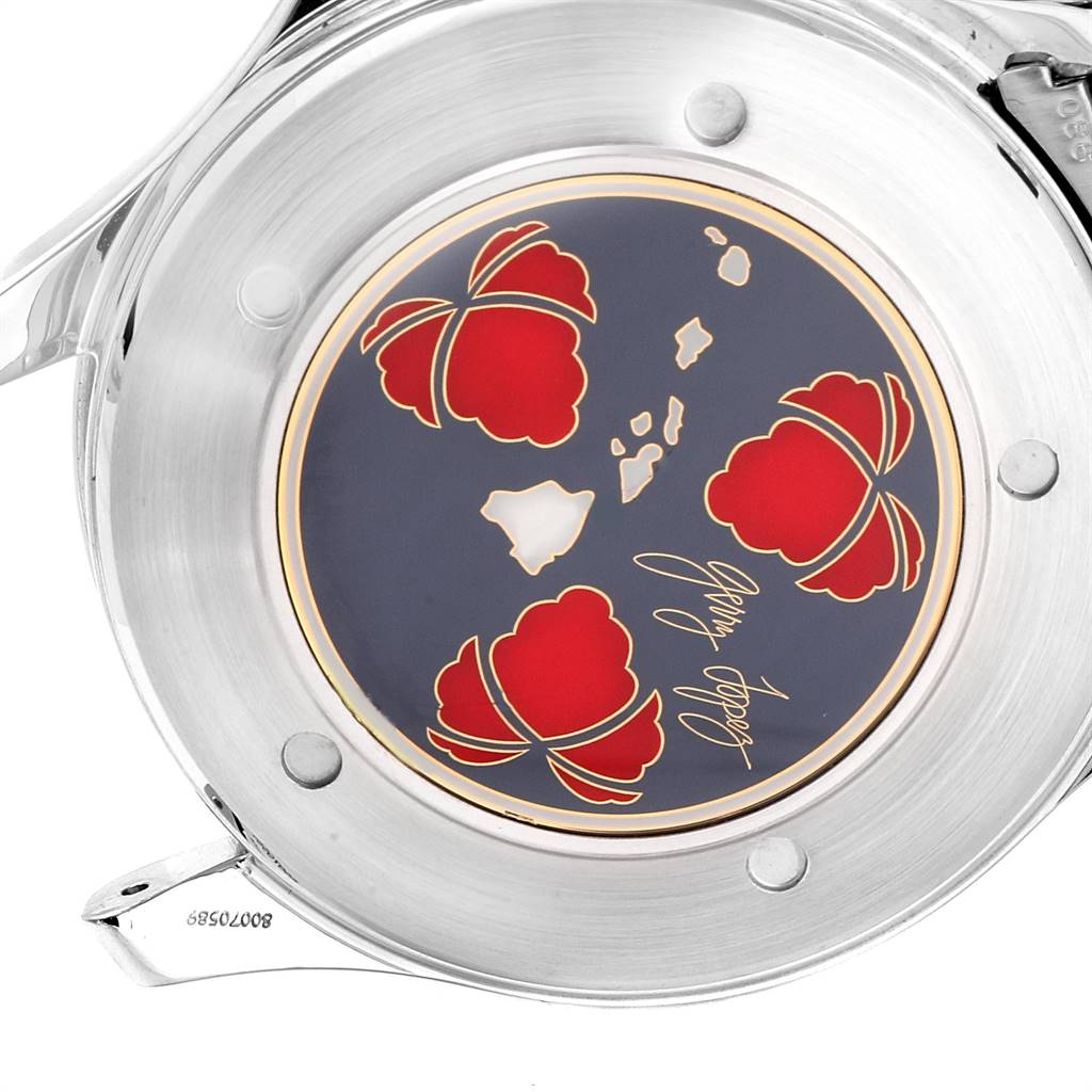 The image shows the caseback of an Omega Seamaster 2536.50.00 Men's Stainless Steel Black Dial 2536.50.00 Men's Stainless Steel Black Dial watch with a unique design and signature print.