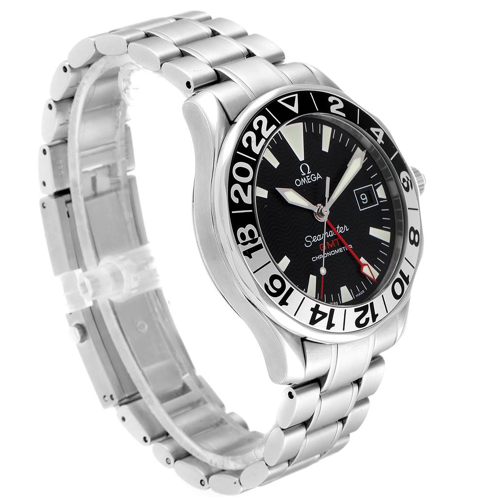 The Omega Seamaster 2536.50.00 Men's Stainless Steel Black Dial 2536.50.00 Men's Stainless Steel Black Dial watch is shown at a slight angle, displaying the face, bezel, and bracelet.