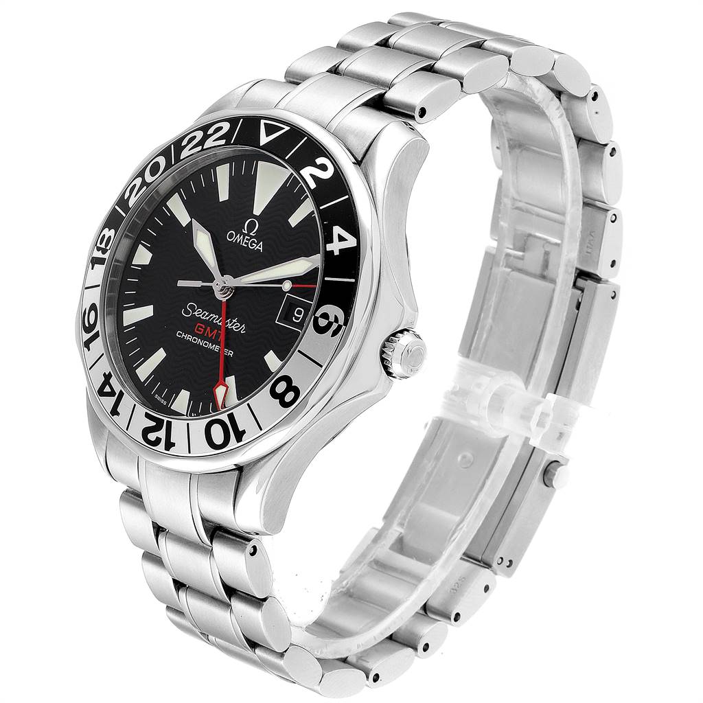 The image shows a side angle of the Omega Seamaster 2536.50.00 Men's Stainless Steel Black Dial 2536.50.00 Men's Stainless Steel Black Dial watch, highlighting the face, bezel, and metal bracelet.