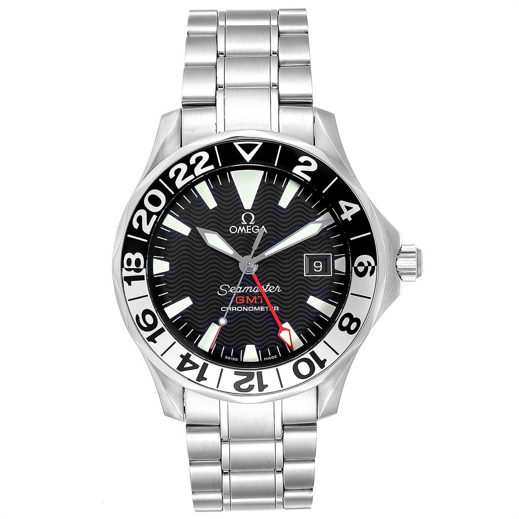 The image shows a front view of the Omega Seamaster 2536.50.00 Men
s Stainless Steel Black Dial 2536.50.00 Men
s Stainless Steel Black Dial watch, displaying its face, bezel, and metal bracelet.