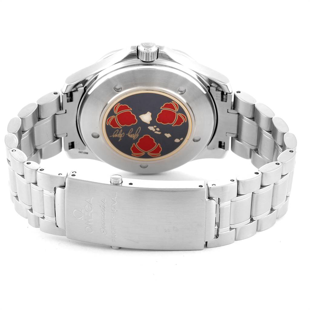 The image shows the back case, bracelet, and clasp of an Omega Seamaster 2536.50.00 Men
s Stainless Steel Black Dial 2536.50.00 Men
s Stainless Steel Black Dial watch, highlighting its detailed rear engraving.