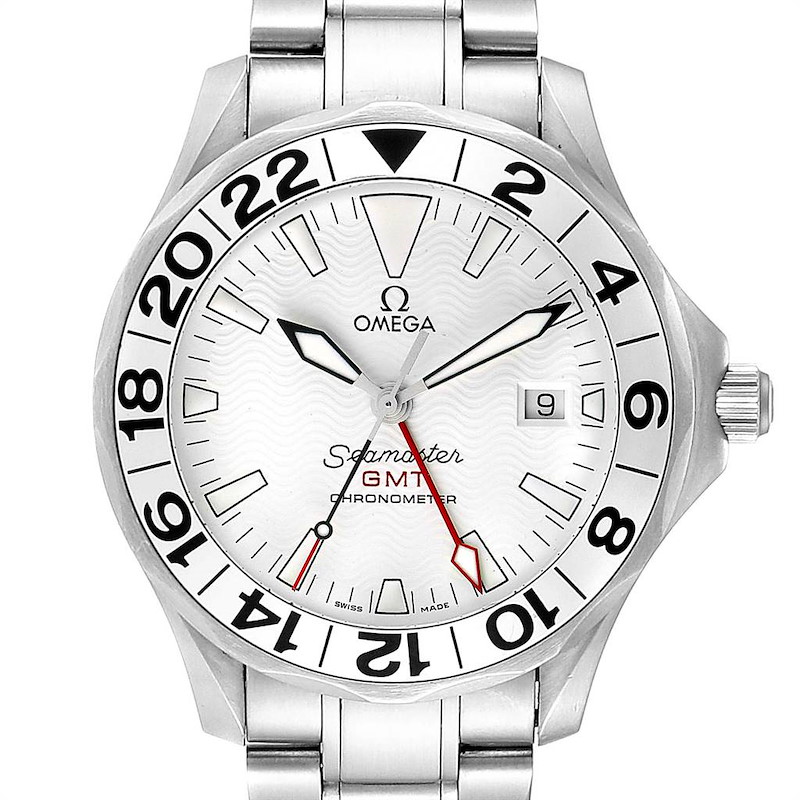 Omega Seamaster 300M GMT White Wave Dial Watch 2538.20.00 Card SwissWatchExpo