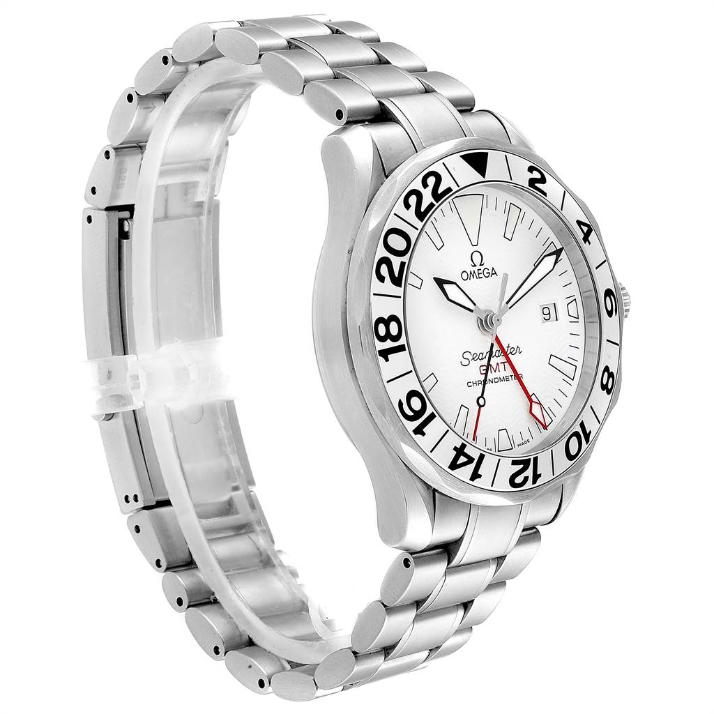 This Omega Seamaster 2538.20.00 Men's Stainless Steel White Dial 2538.20.00 Men's Stainless Steel White Dial watch is shown at an angled side view, highlighting its stainless steel bracelet and dial with a GMT bezel.