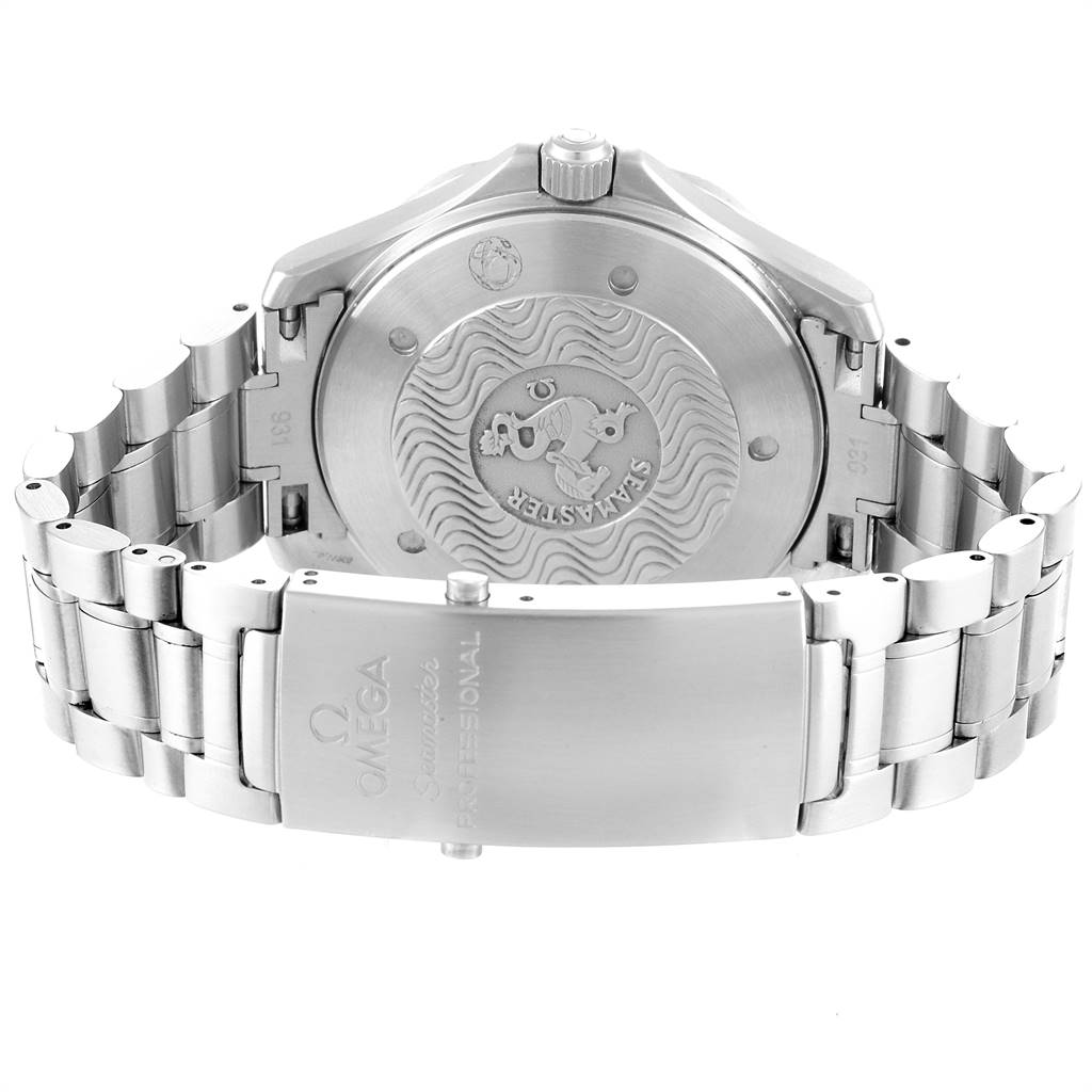 The image shows the back and clasp of the Omega Seamaster 2538.20.00 Men's Stainless Steel White Dial 2538.20.00 Men's Stainless Steel White Dial watch, featuring its stainless steel bracelet and engraved case back.