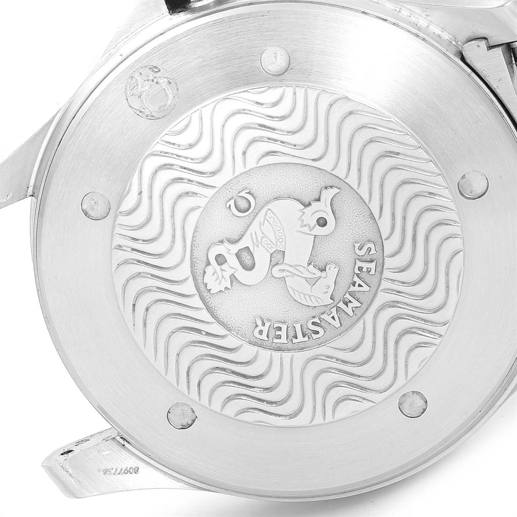 The image shows the back case of an Omega Seamaster 2538.20.00 Men's Stainless Steel White Dial 2538.20.00 Men's Stainless Steel White Dial watch with the engraved logo and wave pattern.