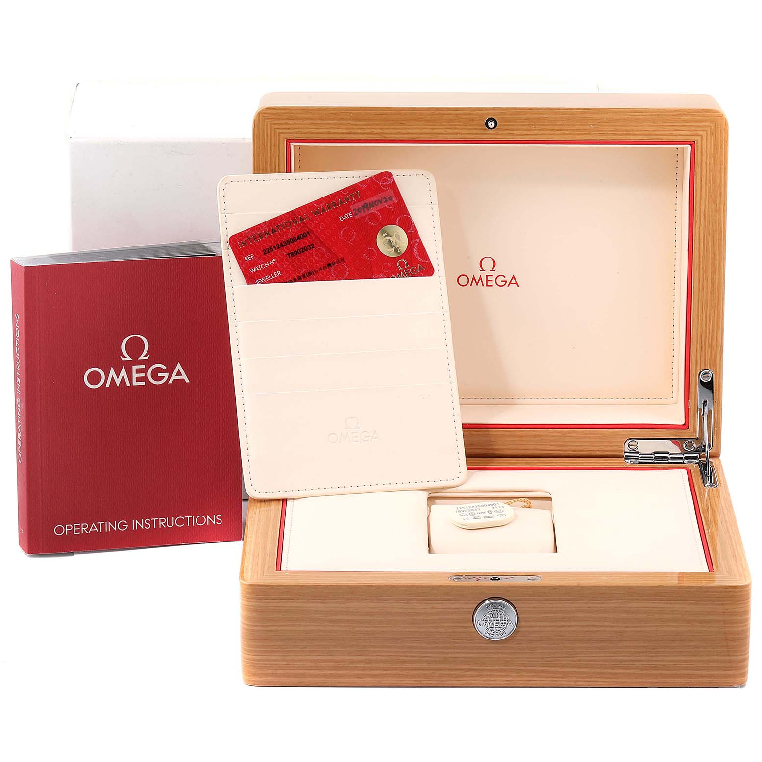 This image shows the Omega Seamaster 225.12.43.50.04.001 Men
s Stainless Steel White Dial 225.12.43.50.04.001 Men
s Stainless Steel White Dial packaging, a watch box, operating instructions, and warranty cards.