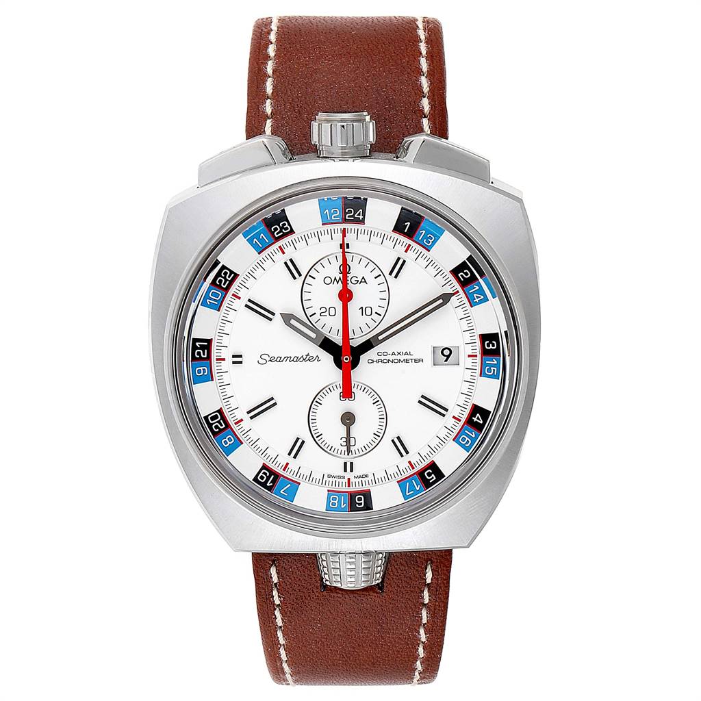 The Omega Seamaster 225.12.43.50.04.001 Men
s Stainless Steel White Dial 225.12.43.50.04.001 Men
s Stainless Steel White Dial watch is shown from the front, clearly displaying its dial, hands, bezel, and brown leather strap.