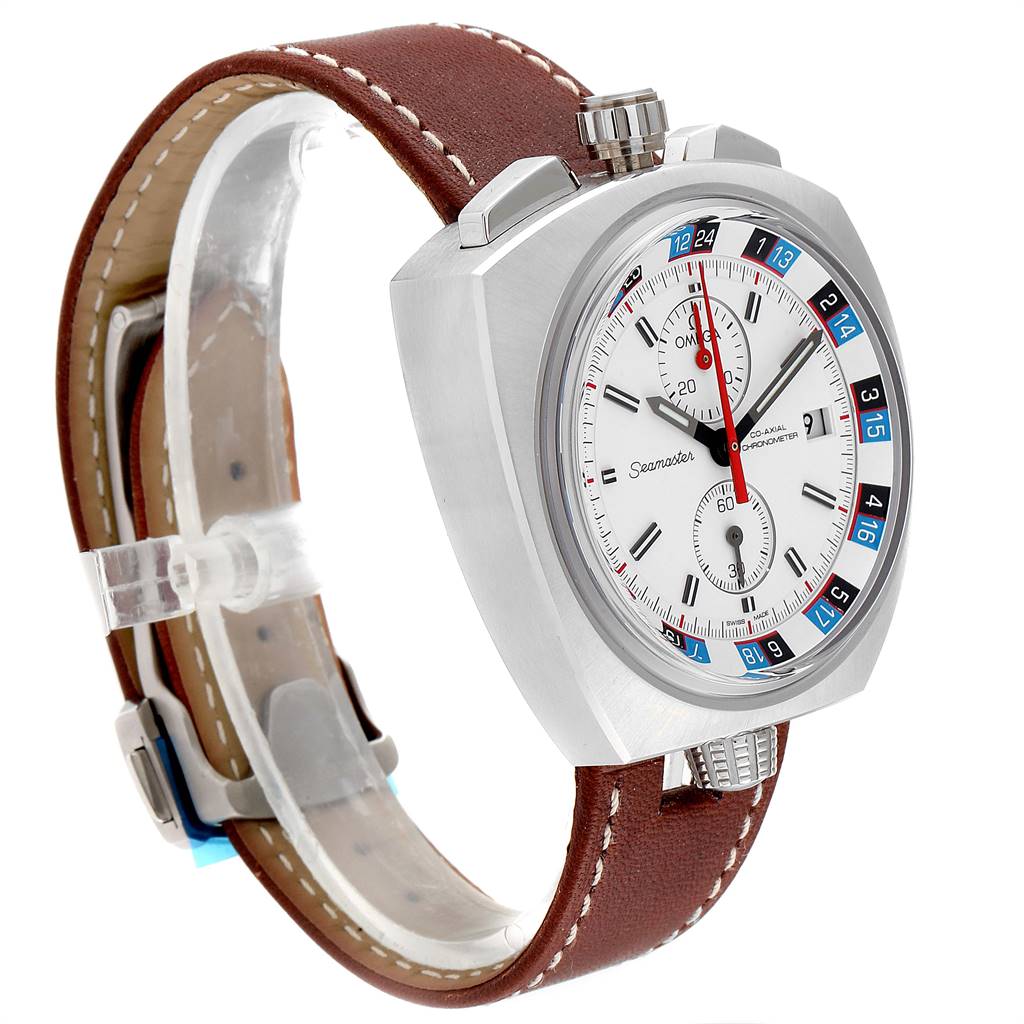 The image shows a side angle of an Omega Seamaster 225.12.43.50.04.001 Men
s Stainless Steel White Dial 225.12.43.50.04.001 Men
s Stainless Steel White Dial watch, highlighting its face, bezel, crown, and brown leather strap.