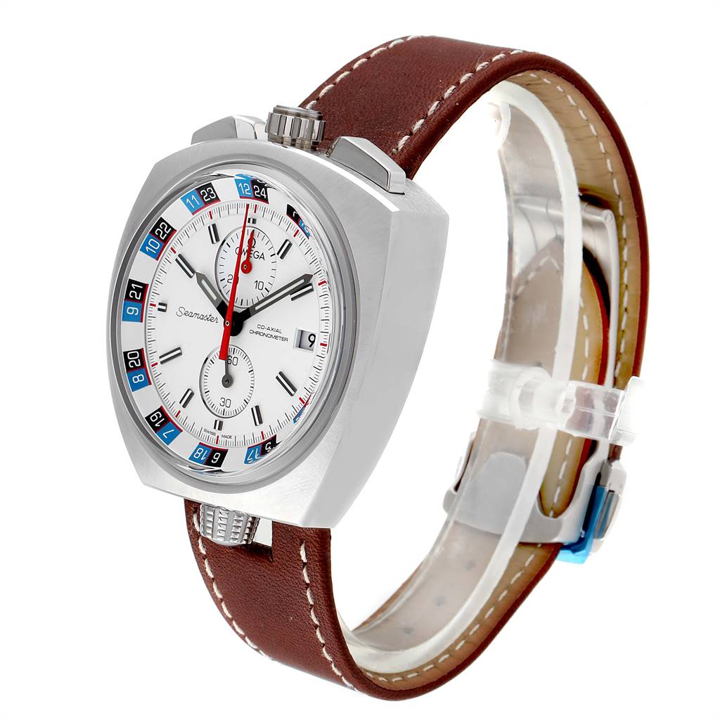 The Omega Seamaster 225.12.43.50.04.001 Men
s Stainless Steel White Dial 225.12.43.50.04.001 Men
s Stainless Steel White Dial model watch is shown from a front-left angle, featuring the dial, case, and leather strap.