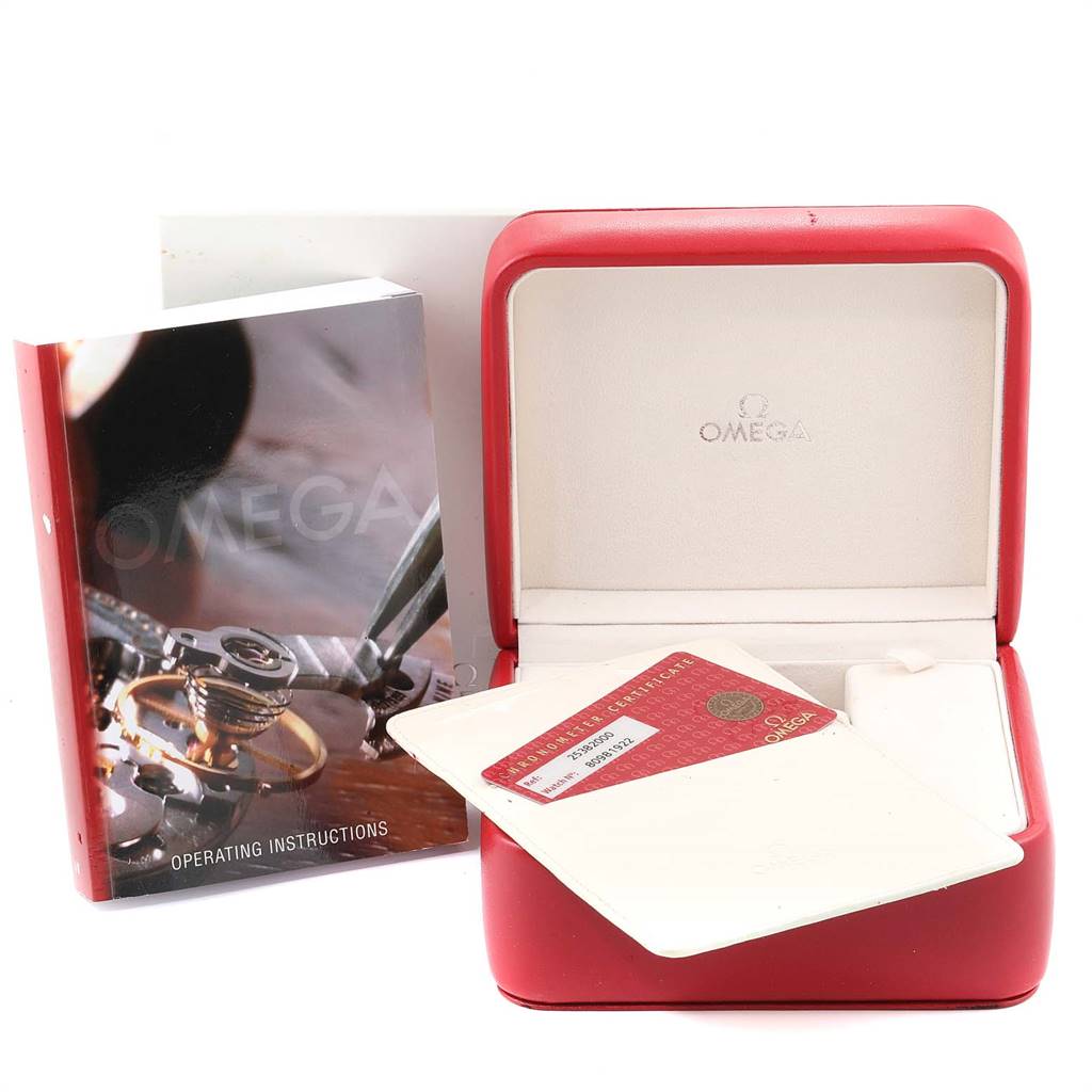 The image shows an Omega Seamaster 2538.20.00 Men
s Stainless Steel White Dial 2538.20.00 Men
s Stainless Steel White Dial watch box, warranty card, and operating instructions from a front angle.