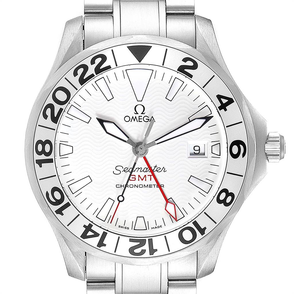 This Seamaster model by Omega is shown from the front, highlighting the face, bezel, and part of the bracelet.