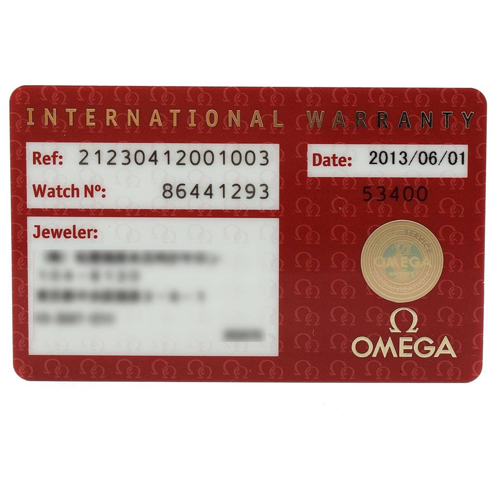 This image shows the international warranty card for an Omega Seamaster 212.30.41.20.01.003 Men
s Stainless Steel Black Dial 212.30.41.20.01.003 Men
s Stainless Steel Black Dial watch.