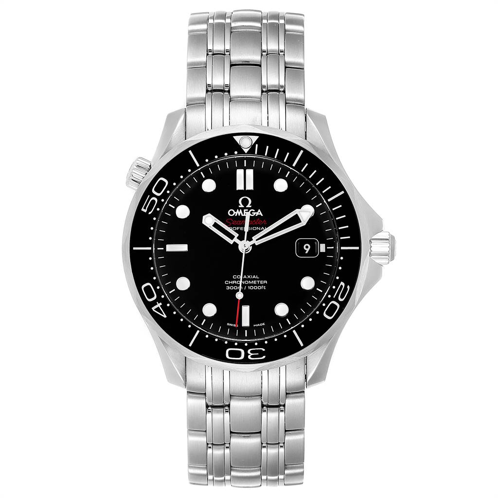 The image shows a front view of the Omega Seamaster 212.30.41.20.01.003 Men
s Stainless Steel Black Dial 212.30.41.20.01.003 Men
s Stainless Steel Black Dial watch displaying the dial, hands, bezel, and stainless steel bracelet.