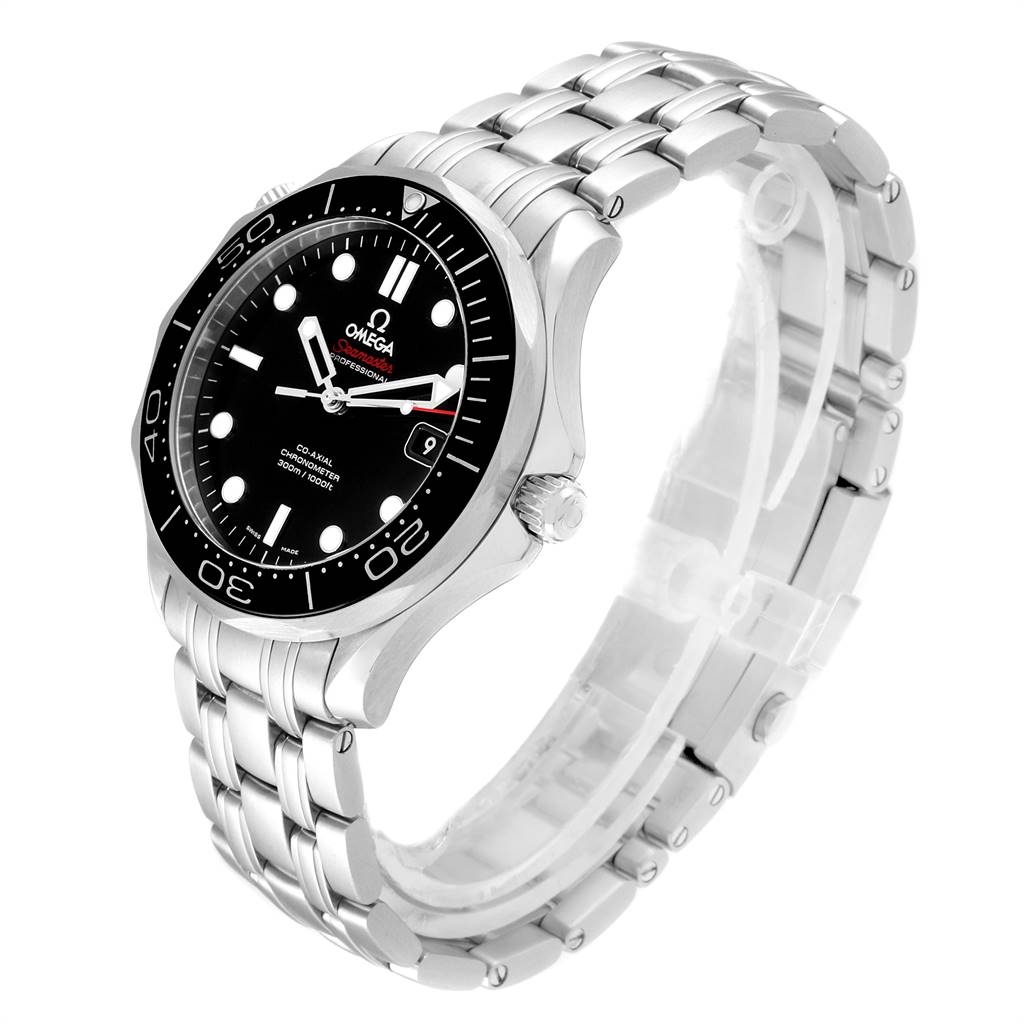 The Omega Seamaster 212.30.41.20.01.003 Men
s Stainless Steel Black Dial 212.30.41.20.01.003 Men
s Stainless Steel Black Dial watch is shown from a front-left angle, focusing on the dial, bezel, and metal bracelet.
