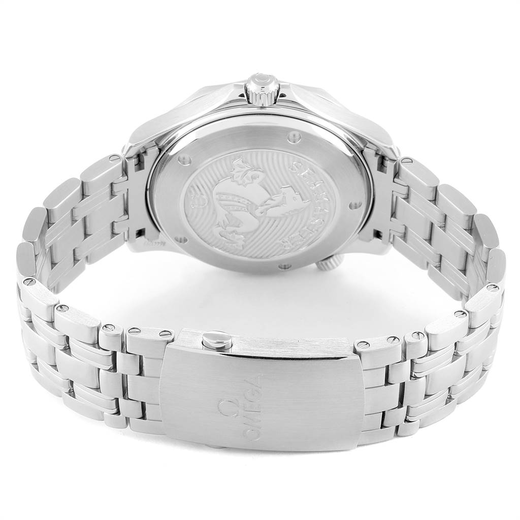 The image shows the back case and bracelet clasp of an Omega Seamaster 212.30.41.20.01.003 Men
s Stainless Steel Black Dial 212.30.41.20.01.003 Men
s Stainless Steel Black Dial watch from a rear angle.