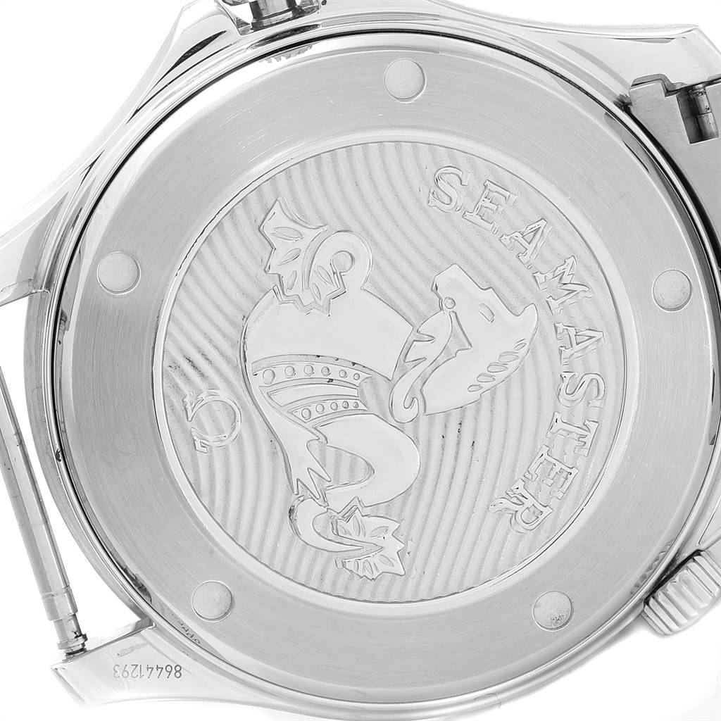 This image shows the back case of an Omega Seamaster 212.30.41.20.01.003 Men
s Stainless Steel Black Dial 212.30.41.20.01.003 Men
s Stainless Steel Black Dial watch, featuring the engraving and logo.