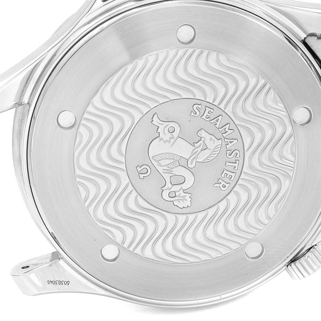 The image shows the back case of an Omega Seamaster 2532.80.00 Men
s Stainless Steel Grey Dial 2532.80.00 Men
s Stainless Steel Grey Dial watch, featuring the Seamaster logo and decorative wave patterns.