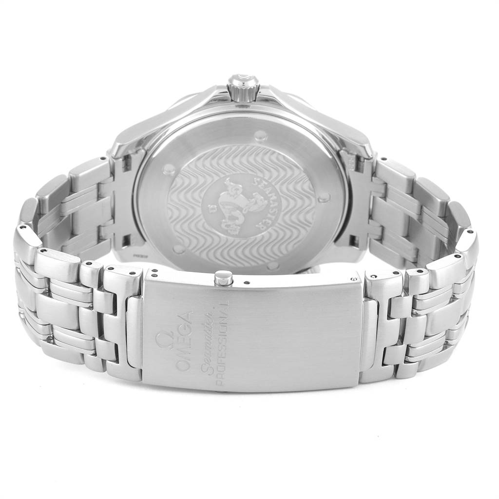 The image shows the back case, crown, and bracelet clasp of an Omega Seamaster 2532.80.00 Men
s Stainless Steel Grey Dial 2532.80.00 Men
s Stainless Steel Grey Dial watch.