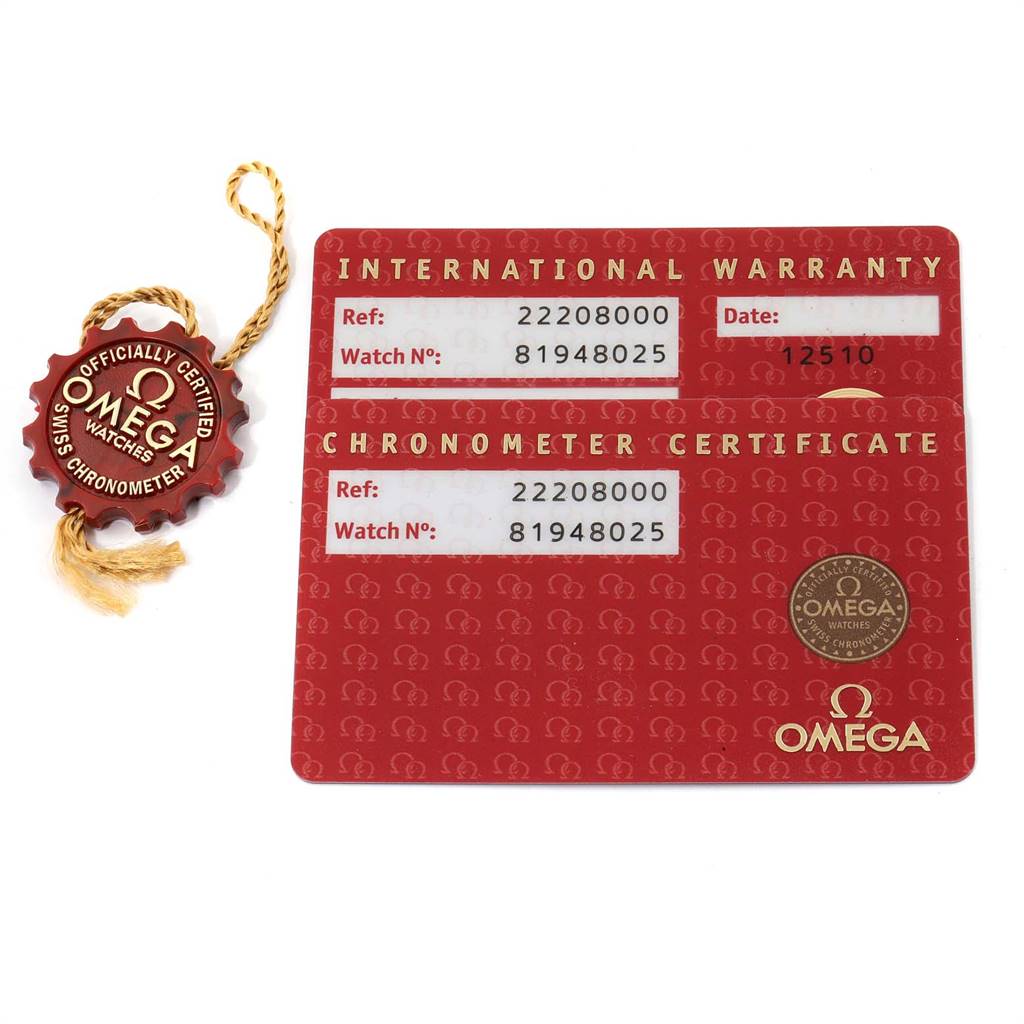 The image shows an Omega Seamaster 2220.80.00 Men
s Stainless Steel Blue Dial 2220.80.00 Men
s Stainless Steel Blue Dial model
s international warranty card, chronometer certificate, and a certified Omega watches tag.