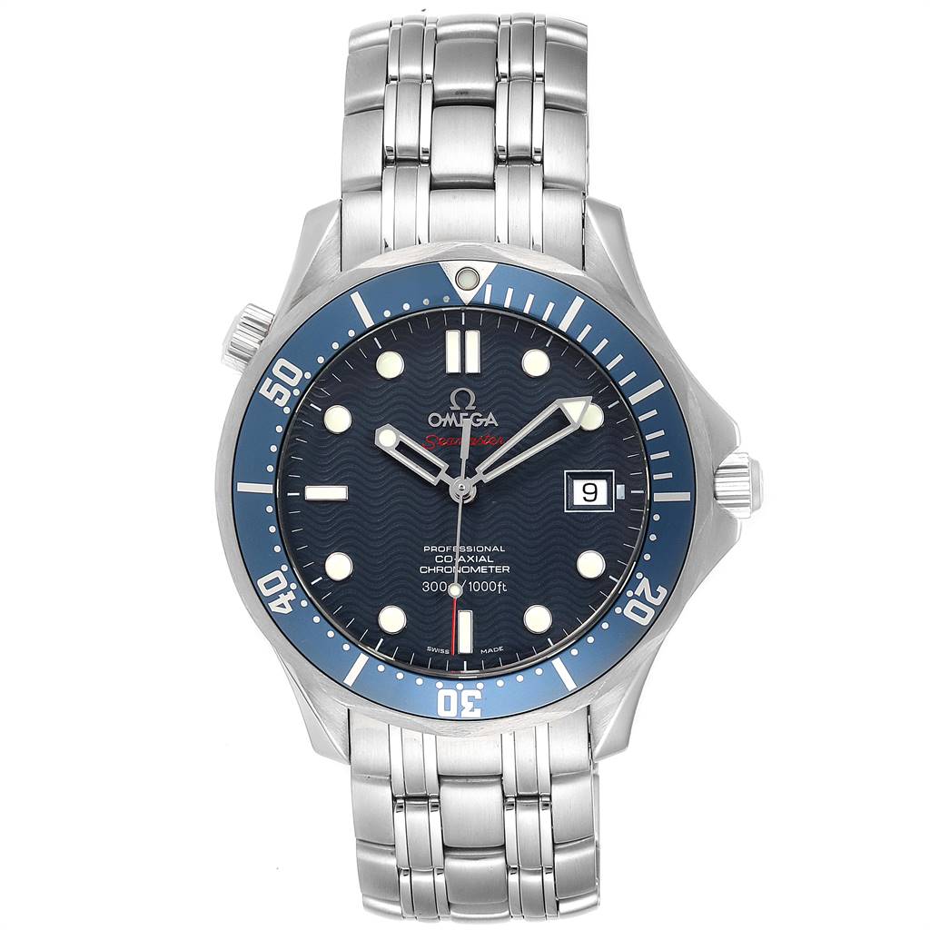 This is a front view of the Omega Seamaster 2220.80.00 Men
s Stainless Steel Blue Dial 2220.80.00 Men
s Stainless Steel Blue Dial watch, displaying the dial, bezel, and bracelet.
