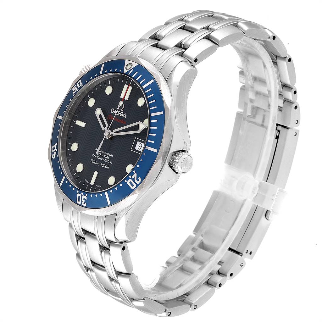 The Omega Seamaster 2220.80.00 Men
s Stainless Steel Blue Dial 2220.80.00 Men
s Stainless Steel Blue Dial watch is shown at a front angled view, displaying the face, bezel, crown, and metal bracelet.