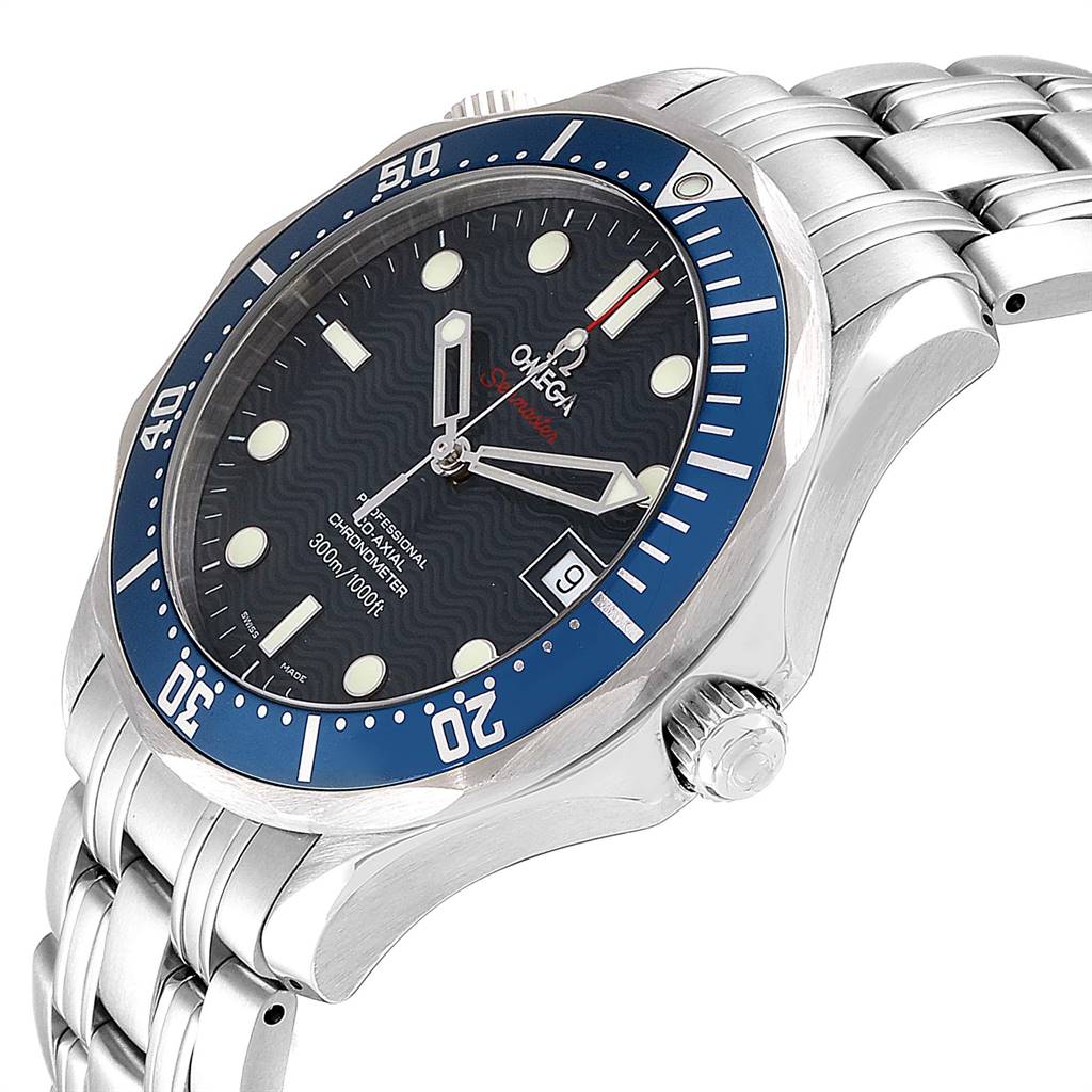 The image shows an Omega Seamaster 2220.80.00 Men
s Stainless Steel Blue Dial 2220.80.00 Men
s Stainless Steel Blue Dial watch at a three-quarter angle, highlighting the face, bezel, and bracelet.