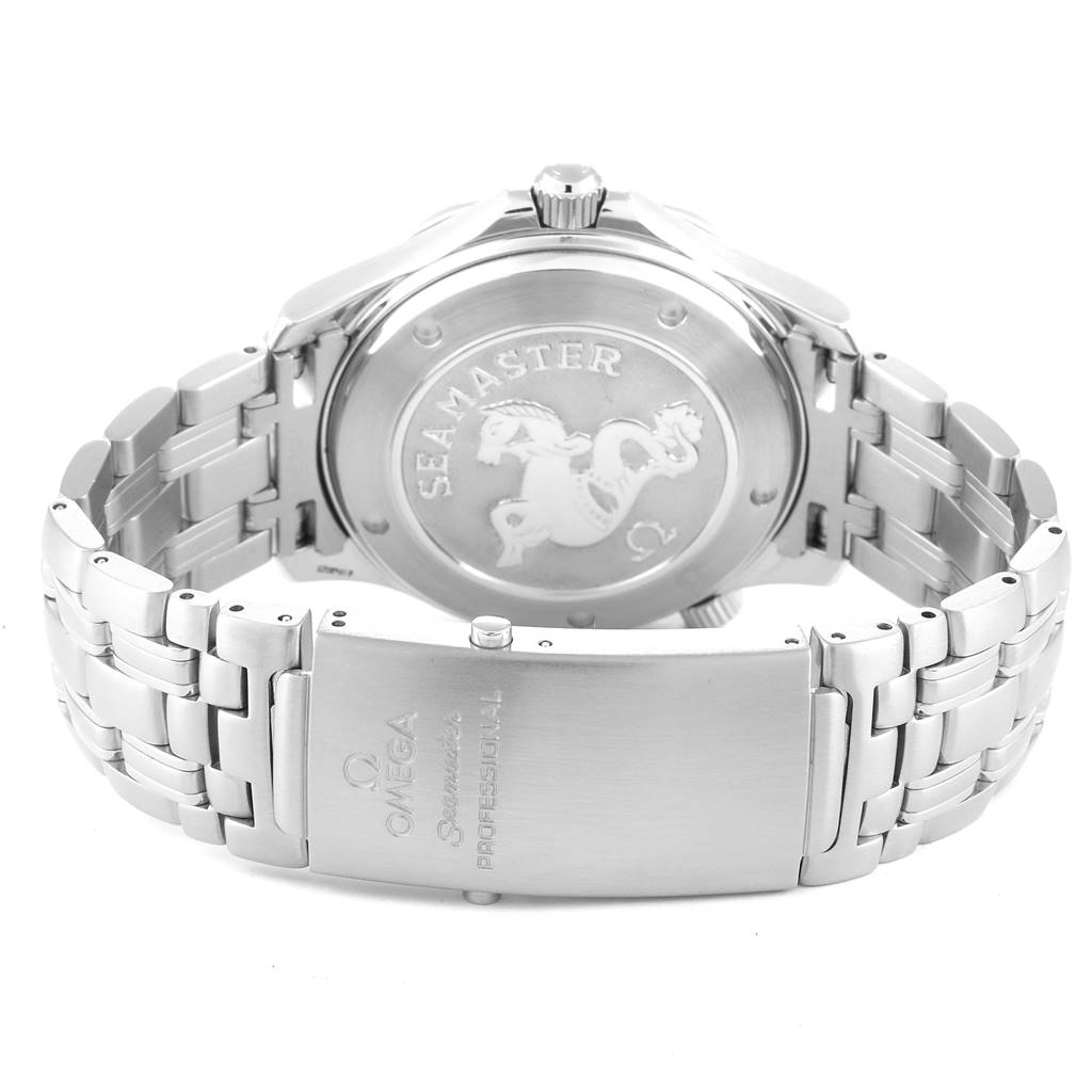 The image shows the back and bracelet clasp of an Omega Seamaster 2220.80.00 Men
s Stainless Steel Blue Dial 2220.80.00 Men
s Stainless Steel Blue Dial watch at a rear angle.