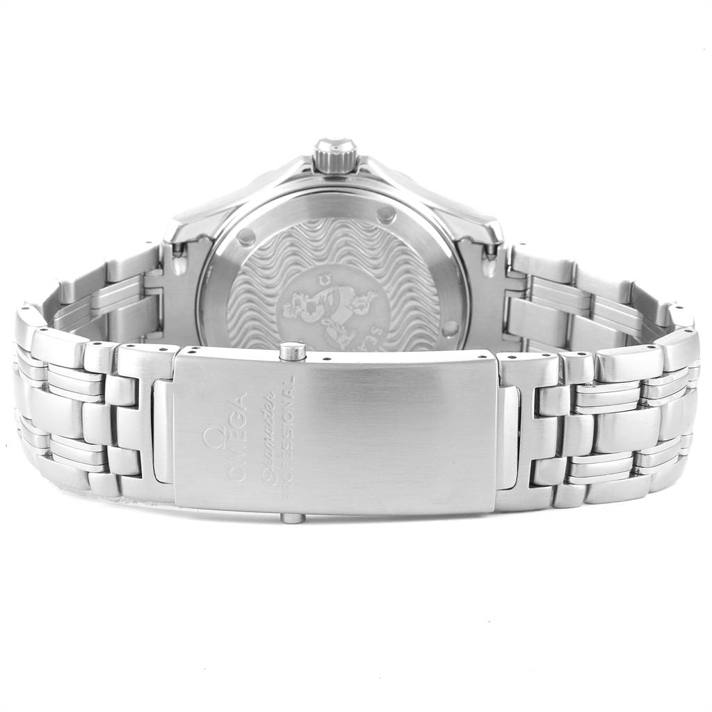 The image shows the backside, caseback, and clasp of an Omega Seamaster 2551.80.00 Men
s Stainless Steel Blue Dial 2551.80.00 Men
s Stainless Steel Blue Dial watch, with the bracelet fully visible.