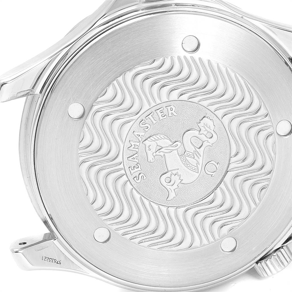 This image shows the case back of the Omega Seamaster 2541.80.00 Men
s Stainless Steel Blue Dial 2541.80.00 Men
s Stainless Steel Blue Dial watch, featuring the Seamaster logo and wave pattern.