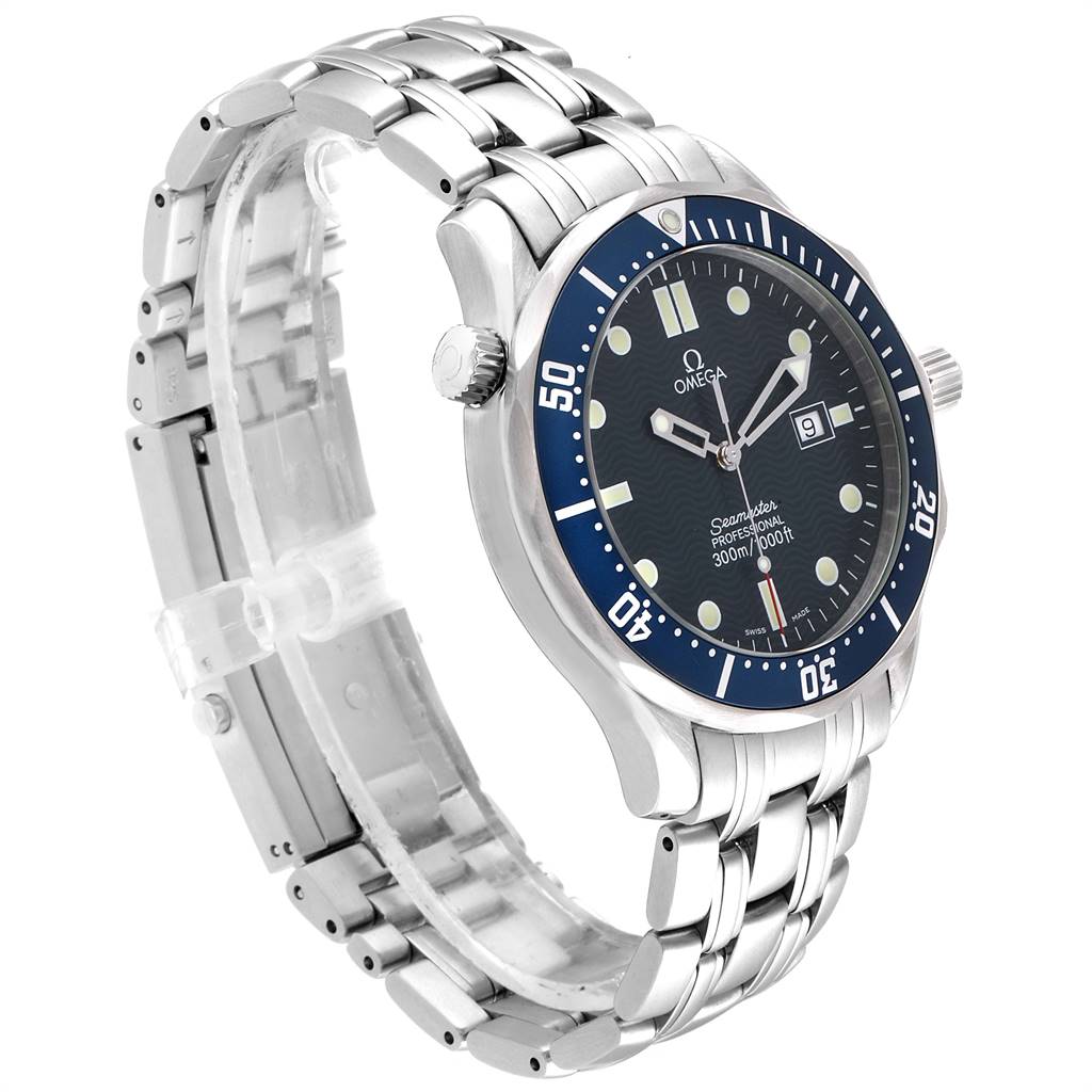 This Omega Seamaster 2541.80.00 Men
s Stainless Steel Blue Dial 2541.80.00 Men
s Stainless Steel Blue Dial watch is shown from an angled view displaying its face, bezel, crown, and metal bracelet.