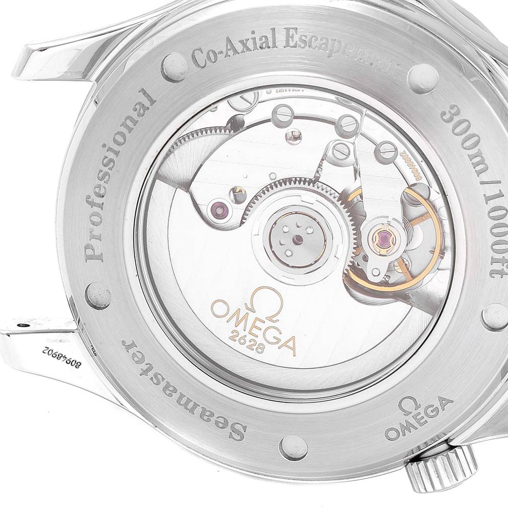 The image shows the back of an Omega Seamaster 2535.80.00 Men
s Stainless Steel Blue Dial 2535.80.00 Men
s Stainless Steel Blue Dial watch, revealing the inner Co-Axial escapement mechanism.