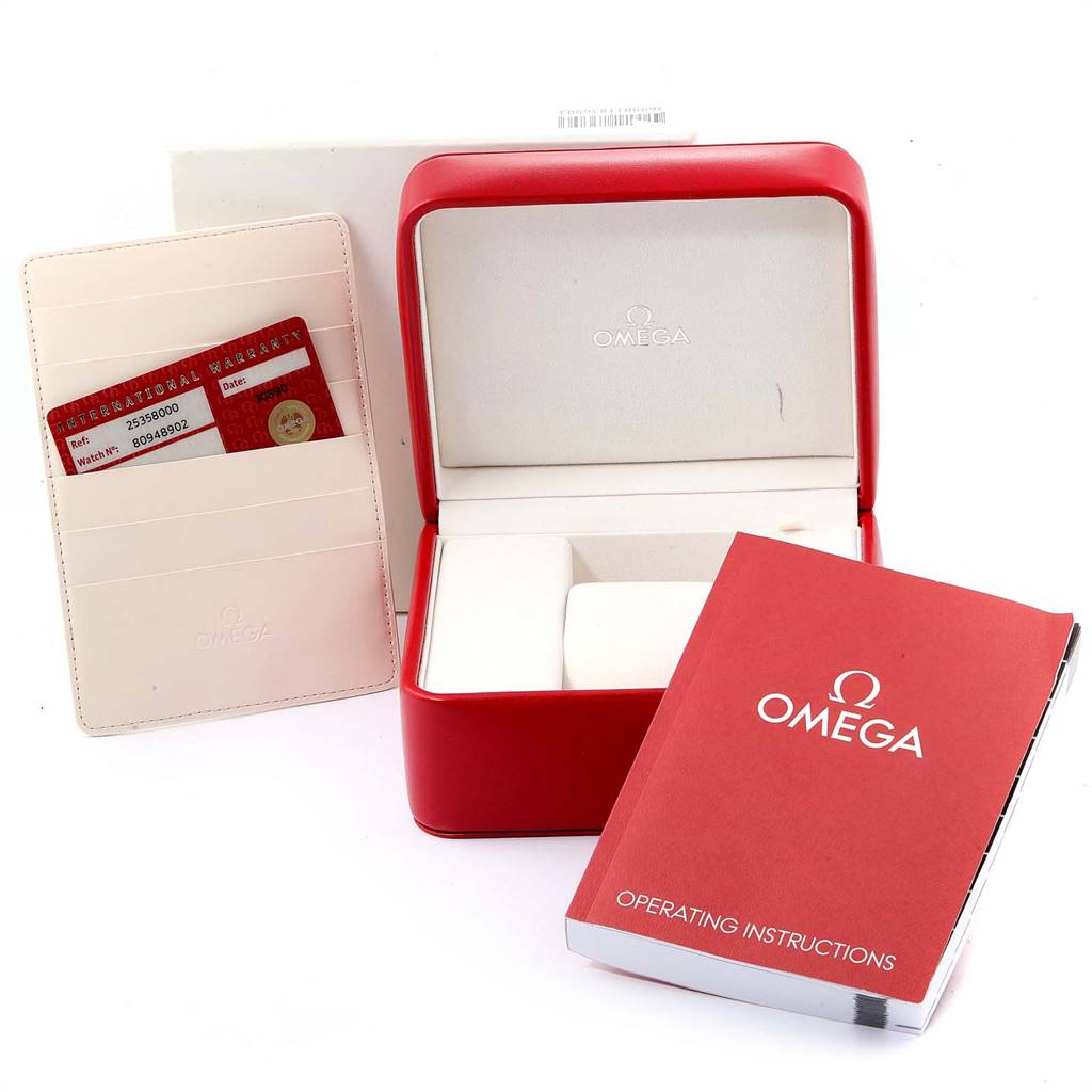 The image shows the watch box, warranty card, and operating instructions for the Omega Seamaster 2535.80.00 Men
s Stainless Steel Blue Dial 2535.80.00 Men
s Stainless Steel Blue Dial.