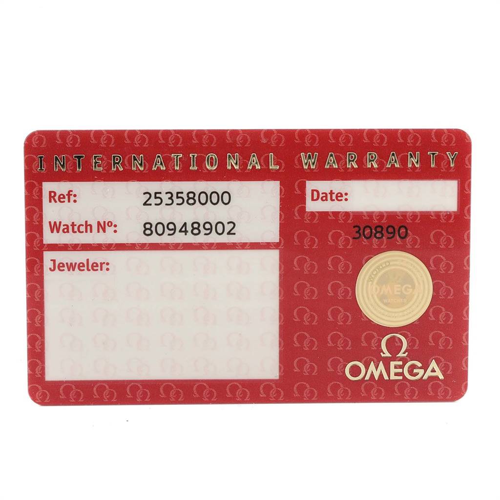 This image shows the international warranty card for the Omega Seamaster 2535.80.00 Men
s Stainless Steel Blue Dial 2535.80.00 Men
s Stainless Steel Blue Dial model.