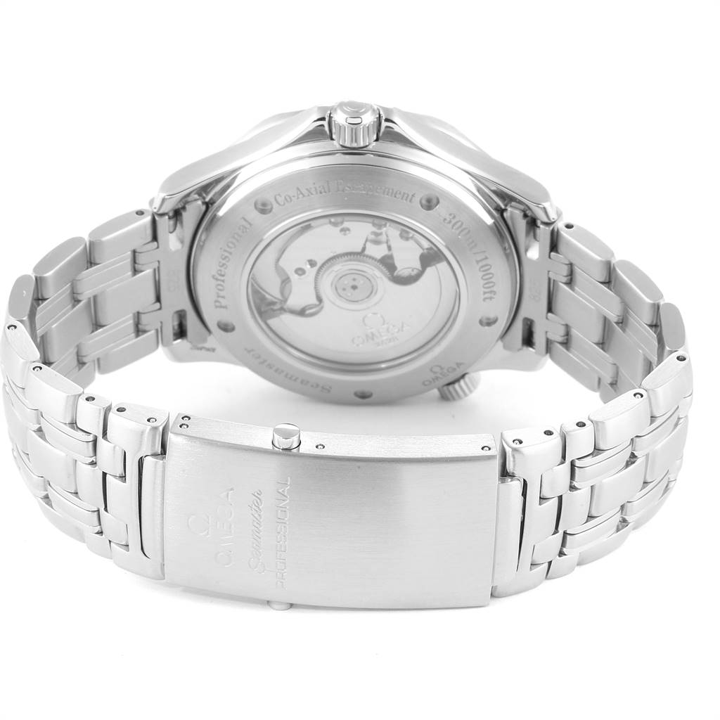 The image shows the back view of the Omega Seamaster 2535.80.00 Men
s Stainless Steel Blue Dial 2535.80.00 Men
s Stainless Steel Blue Dial, highlighting the visible mechanism, metal bracelet, and clasp.