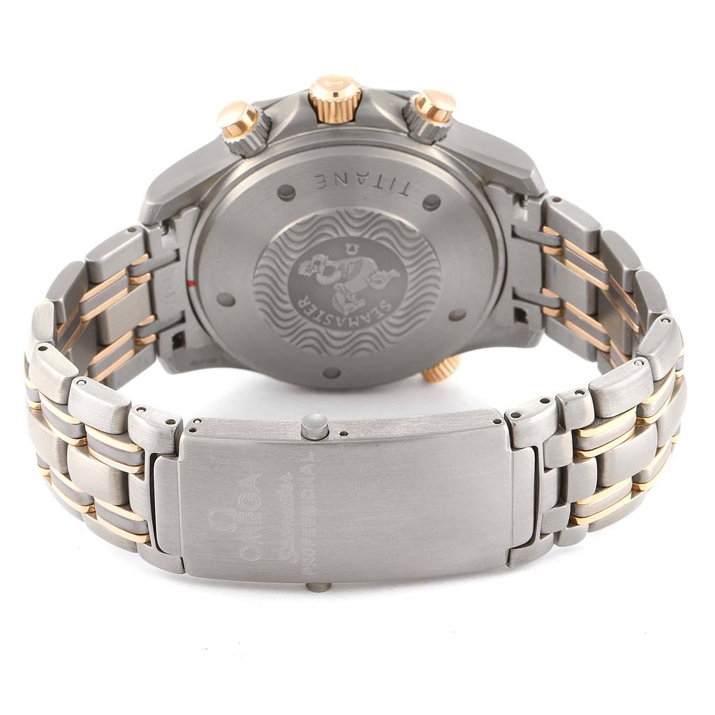 The image shows the back case, bracelet, and clasp of an Omega Seamaster 2296.80.00 Men
s Titanium Blue Dial 2296.80.00 Men
s Titanium Blue Dial watch.