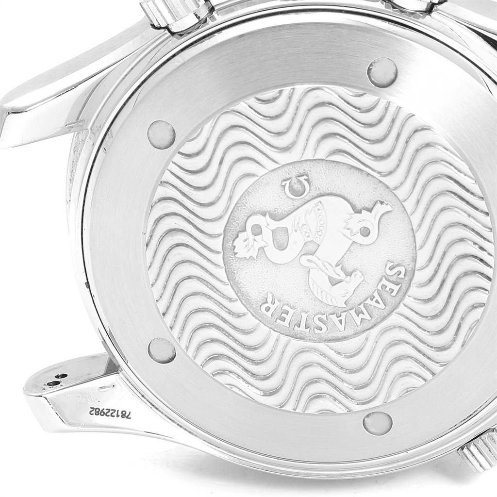 The image shows the case back of the Omega Seamaster 2594.52.00 Men
s Stainless Steel Black Dial 2594.52.00 Men
s Stainless Steel Black Dial watch, featuring intricate engraving and the Seamaster logo.