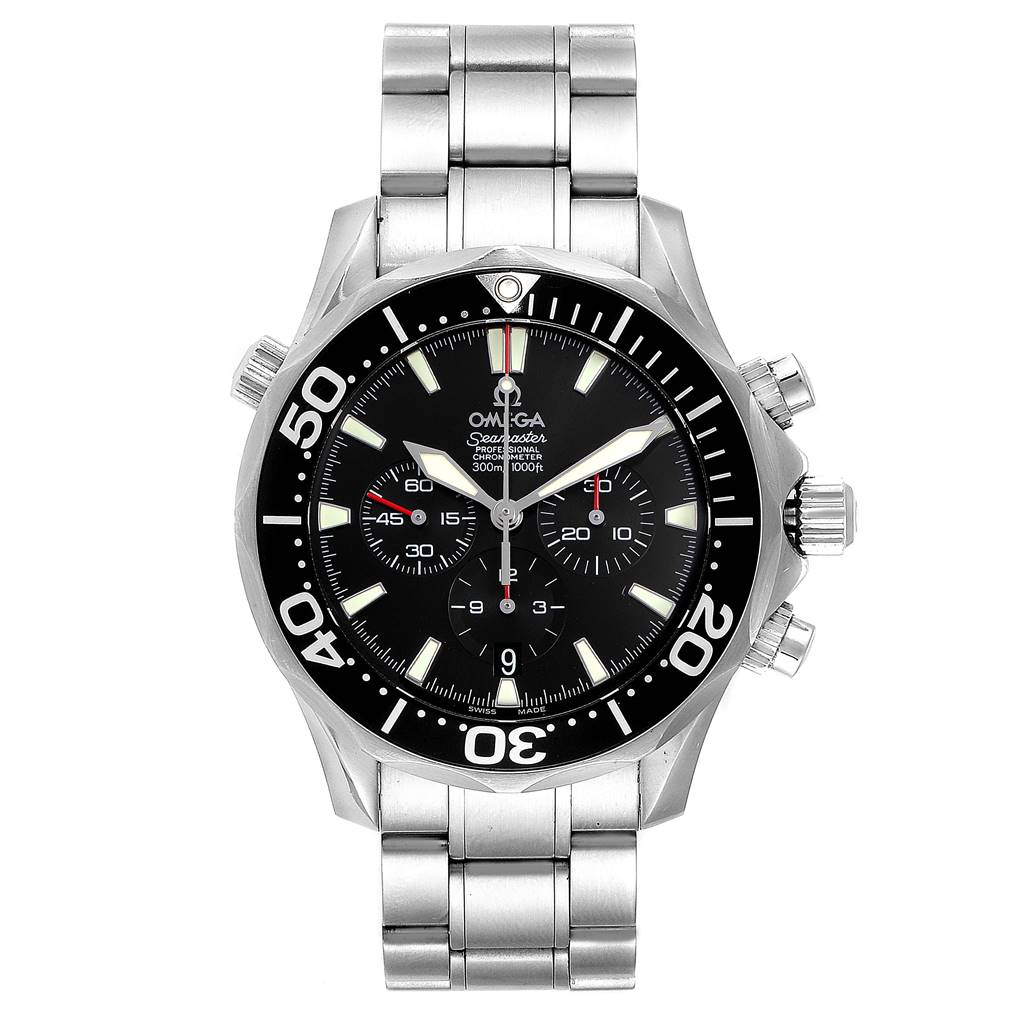 The image shows a front view of an Omega Seamaster 2594.52.00 Men
s Stainless Steel Black Dial 2594.52.00 Men
s Stainless Steel Black Dial watch with a stainless steel bracelet and black dial.