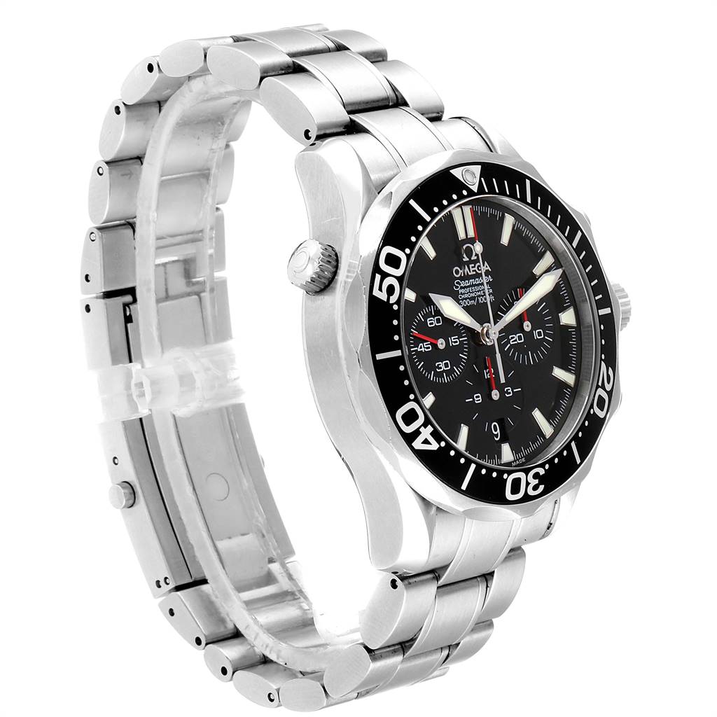 The Omega Seamaster 2594.52.00 Men
s Stainless Steel Black Dial 2594.52.00 Men
s Stainless Steel Black Dial watch is shown at a side angle, including its stainless steel case, bracelet, and black dial with bezel.
