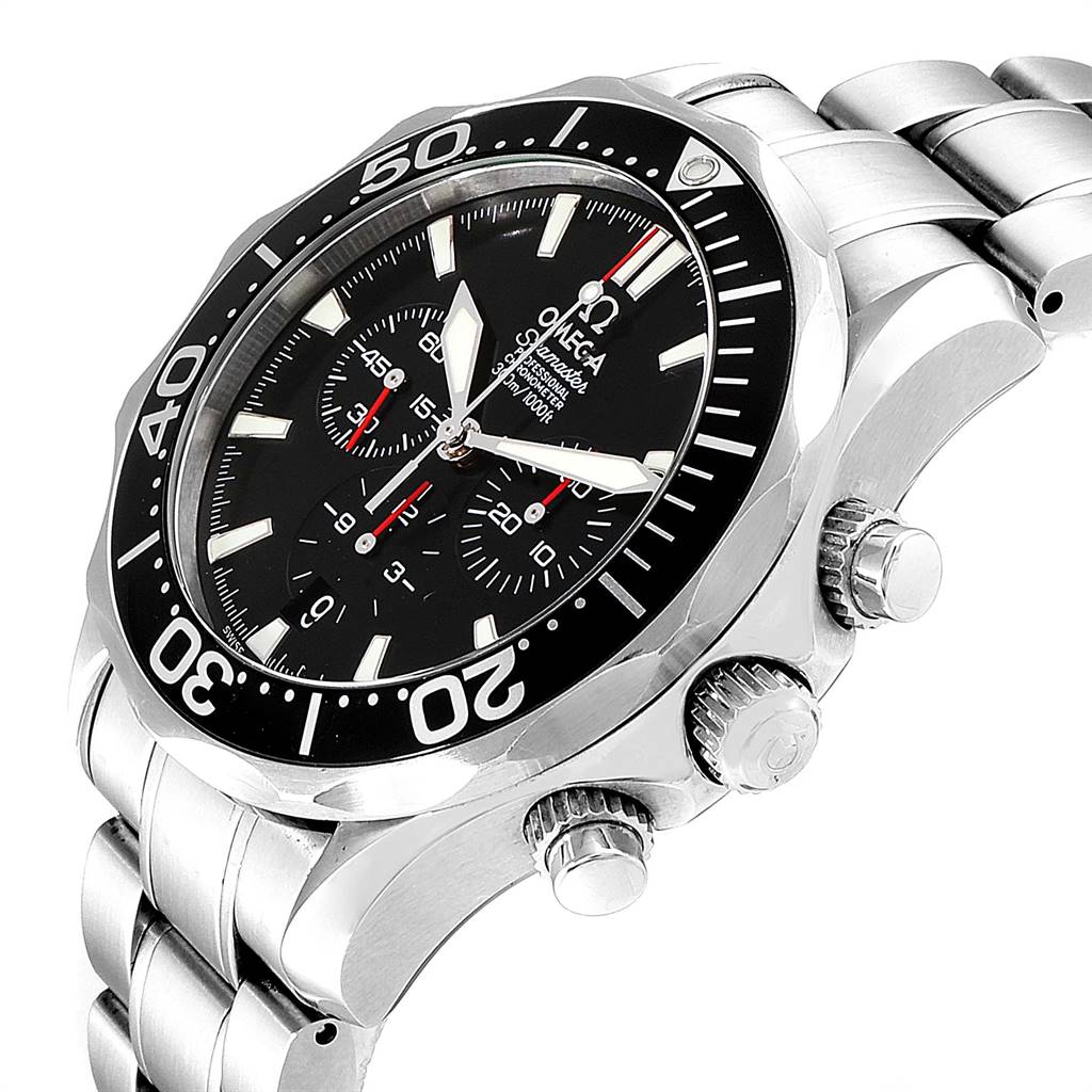 The image shows a side and front angle of an Omega Seamaster 2594.52.00 Men
s Stainless Steel Black Dial 2594.52.00 Men
s Stainless Steel Black Dial watch, highlighting the bezel, dials, crown, and metal strap.