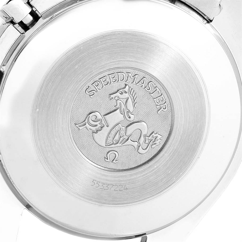 The image shows the engraved emblem on the case back of an Omega Speedmaster 3510.12.00 Men's Stainless Steel Yellow Dial 3510.12.00 Men's Stainless Steel Yellow Dial watch.