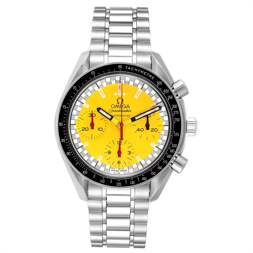 The image shows a front view of an Omega Speedmaster 3510.12.00 Men's Stainless Steel Yellow Dial 3510.12.00 Men's Stainless Steel Yellow Dial watch with a yellow dial and steel bracelet.